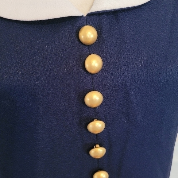 VINTAGE 80s Navy Button Down Collar  Secretary Nautical Dress Size 8 - Picture 5 of 11